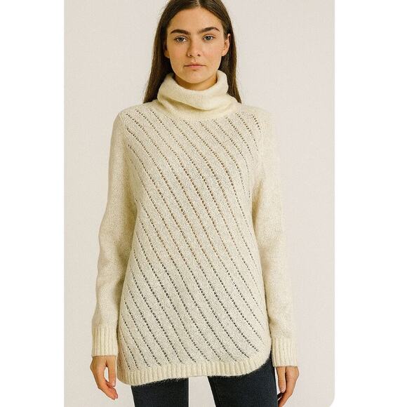 Lou & Grey Wool Alpaca Blend Ivory Funnel Neck Long Sleeve Pullover Sweater NEW - Picture 1 of 9